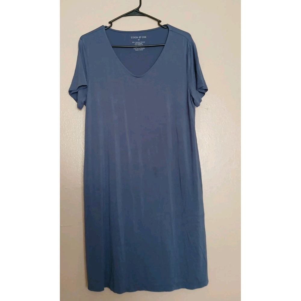 Eden Om Dress Medium Bamboo Shirt Comfort Stretch Casusl Pockets Blue V Neck